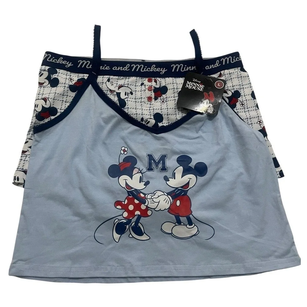 Disney Minnie & Mickey Mouse Pajama Set Women's Blue Cami Top‎ Boxer Shorts L